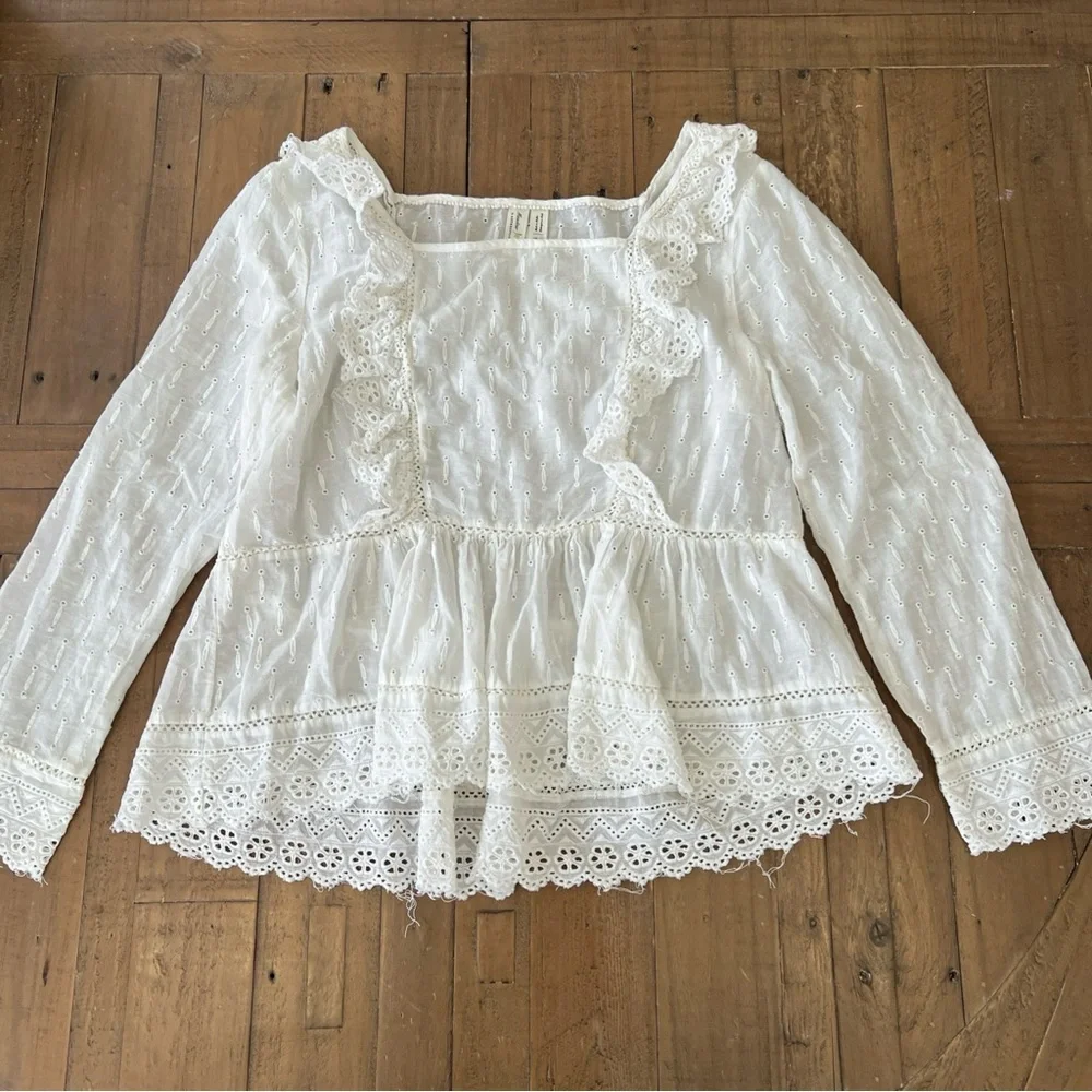 ANTHROPOLOGIE Meadow Rue Embroidered Eyelet Peplum Top Women’s 10 Feminine
